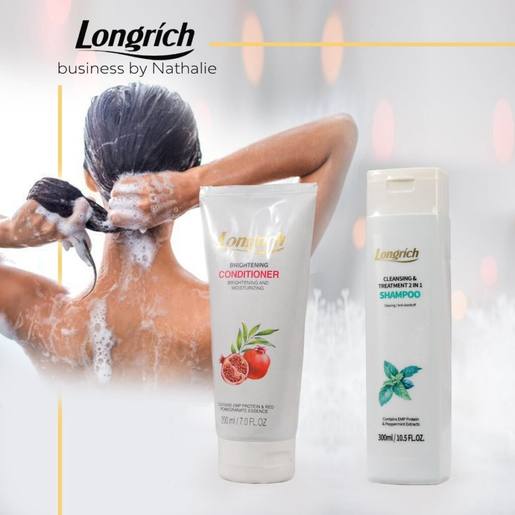 A bottle of Longrich Natural Essence White Tea Dandruff Control Shampoo with a healthy head of hair in the background. Alt text: Longrich Natural Essence White Tea Dandruff Control Shampoo for healthy, dandruff-free hair