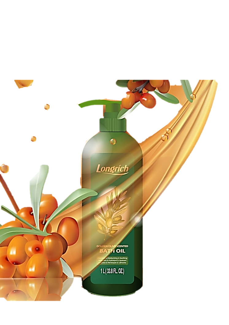 Bottle of Longrich Golden Dive Scented Bath Oil with Olive Oil and Sea Buckthorn Berries